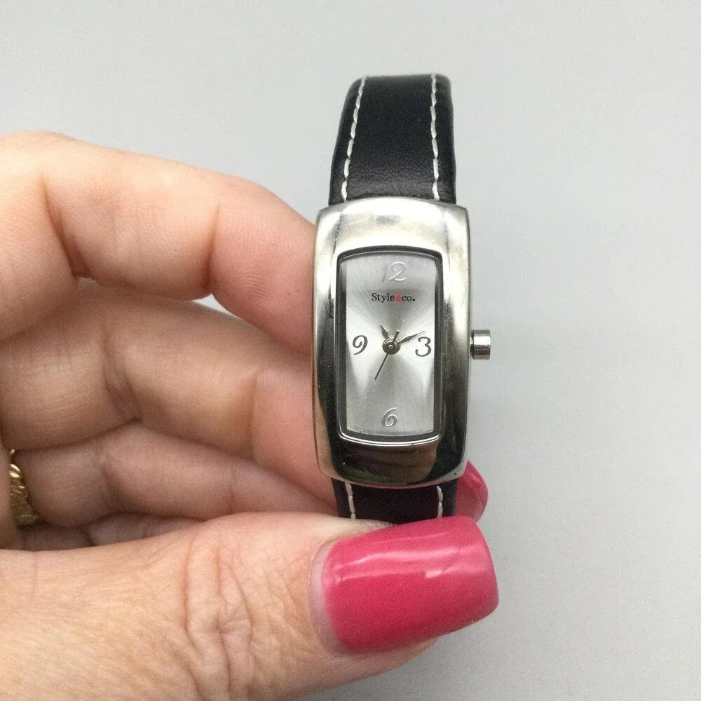 Style & Co. Womens Watch 18mm Silver Dial Black Leather Open Cuff New Battery